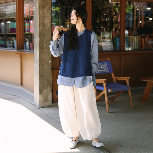 绽放093朵/蓝鲸衬衫高端酵磨洗色织亚麻细塔克侧开衩中长款上衣 商品图2