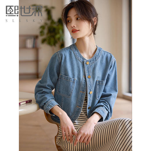 【五折购】熙世界小香风圆领牛仔外套女2025春秋新款小个子复古正肩短款上衣 商品图0