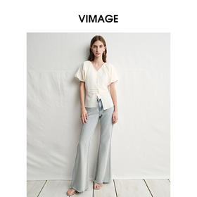 VIMAGE纬漫纪法式V领泡泡袖显瘦短袖压褶设计上衣女2025夏季新款V2309909