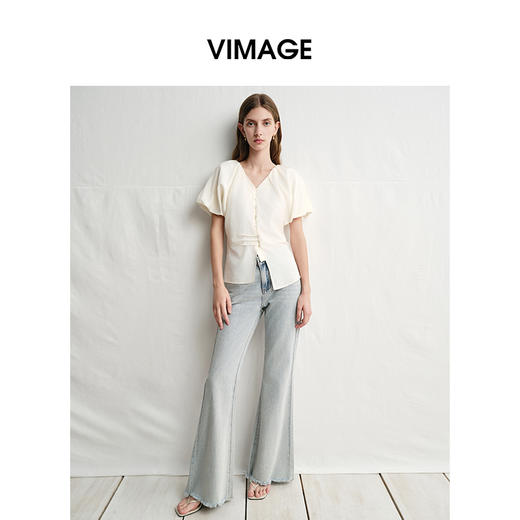 VIMAGE纬漫纪法式V领泡泡袖显瘦短袖压褶设计上衣女2025夏季新款V2309909 商品图0