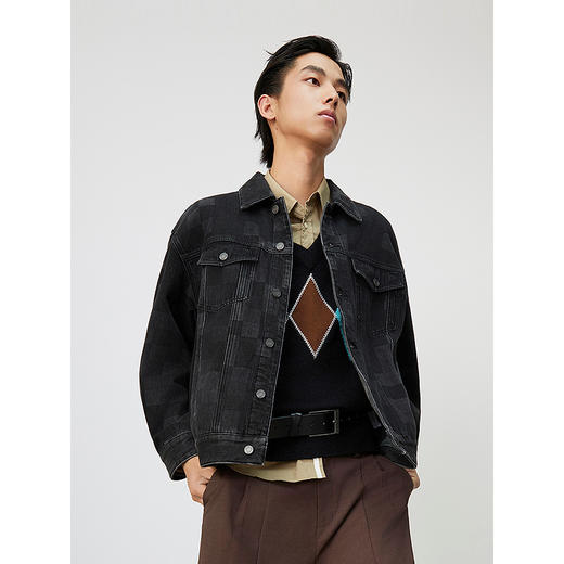 GXG男装 棋盘格镭射工艺斜纹复古翻领牛仔夹克外套 25年春热卖 商品图4