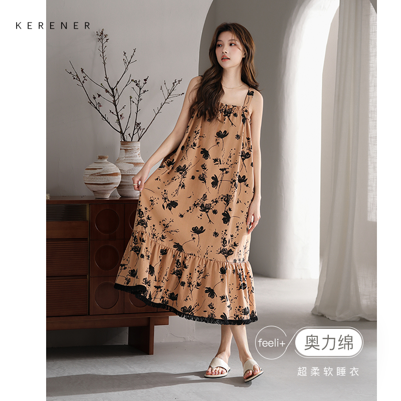 可人儿小众设计师新款奥力绵女士睡衣夏季吊带少女睡裙可外穿家居