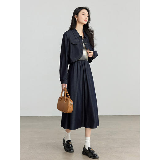 【五折购】熙世界软牛仔短款外套条纹针织拼接连衣裙两件套装女2025春装新款 商品图4