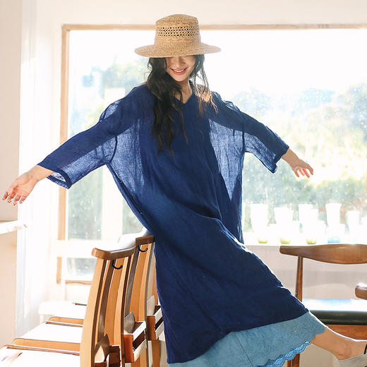 绽放098朵/蓝色多瑙河连衣裙进口微皱色织亚麻落肩袍子七分袖裙子 商品图1