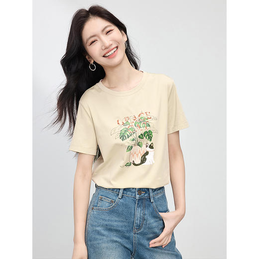 【专属特价】熙世界2025春夏新款绿植萌宠绣花t恤女短袖圆领正肩体恤内搭上衣 商品图2