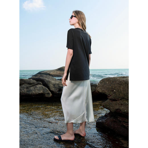 三彩2025春季新款110支匹马棉T恤宽松圆领开叉落肩袖套头衫上衣S 商品图2