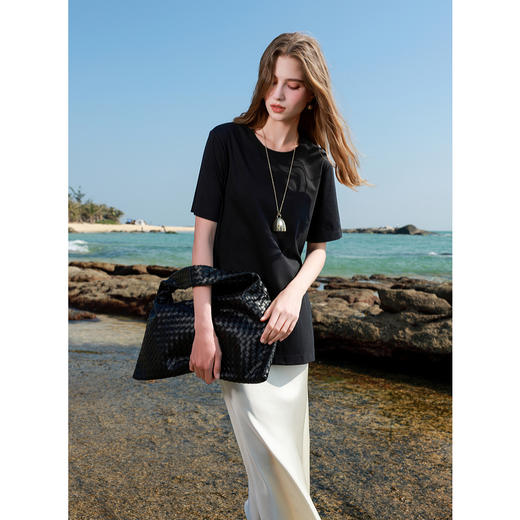 三彩2025春季新款110支匹马棉T恤宽松圆领开叉落肩袖套头衫上衣S 商品图1