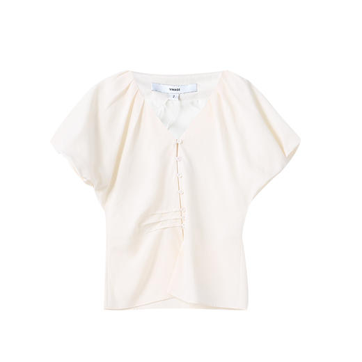 VIMAGE纬漫纪法式V领泡泡袖显瘦短袖压褶设计上衣女2025夏季新款V2309909 商品图5