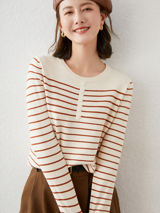 法式极简春季『赫本圆领针织衫』  圆领不挑人 修饰颈部线条 舒适亲肤条纹长袖打底针织衫秋冬新款毛衣短款清新宽松休闲内搭外穿毛衫女 商品图3