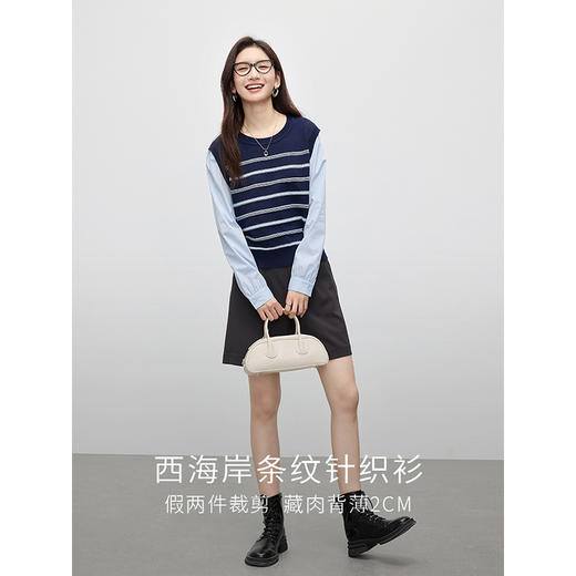 【五折购】熙世界2025春秋新款假两件条纹针织衫女长袖拼接宽松圆领休闲上衣 商品图2