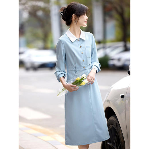 【五折购】熙世界法式polo领蓝色连衣裙女2025春秋新款长袖通勤收腰衬衫裙子 商品图4