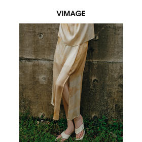 VIMAGE纬漫纪气质显瘦晕染印花过膝开叉半身裙2025夏季新款V2306911