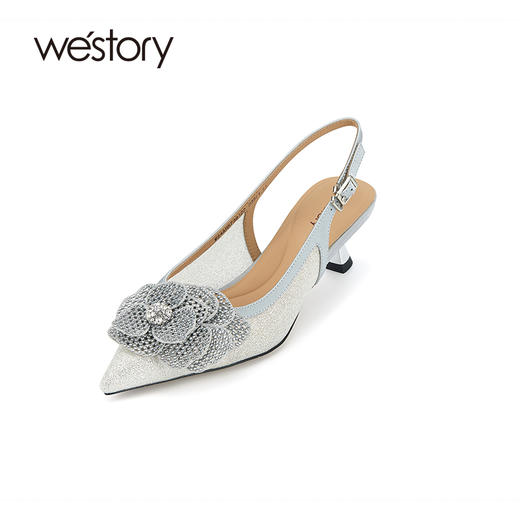 westory空鞋，凉鞋手工钻花凉鞋满钻玫瑰花中跟单鞋法式气质凉鞋真皮W24AH57391 商品图0