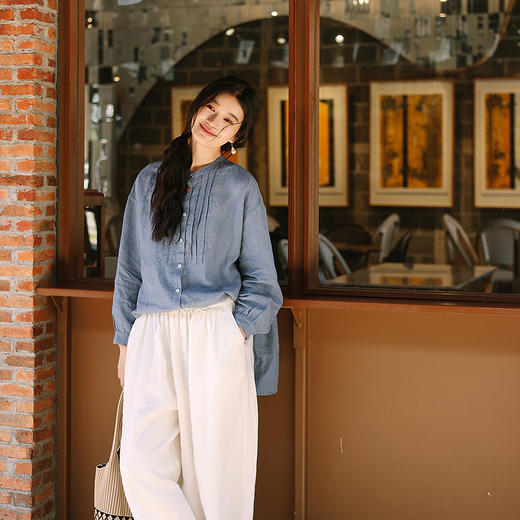 绽放093朵/蓝鲸衬衫高端酵磨洗色织亚麻细塔克侧开衩中长款上衣 商品图1