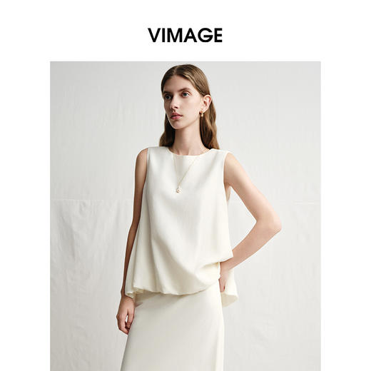 VIMAGE纬漫纪亚麻T恤法式无袖花苞边文艺显瘦上衣女2025夏季新款V2313918 商品图3