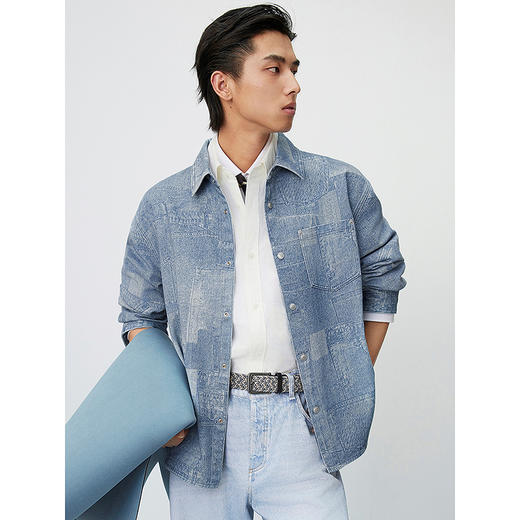 GXG男装 蓝色数码印花简约时尚外穿式牛仔衬衫外套 25年春热卖 商品图4