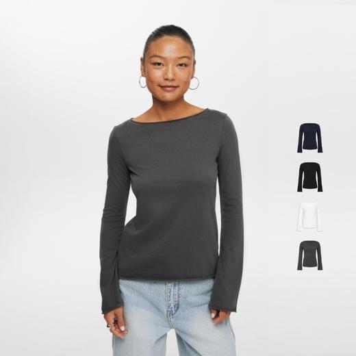 oneup一字领喇叭袖散边长袖T恤 商品图0