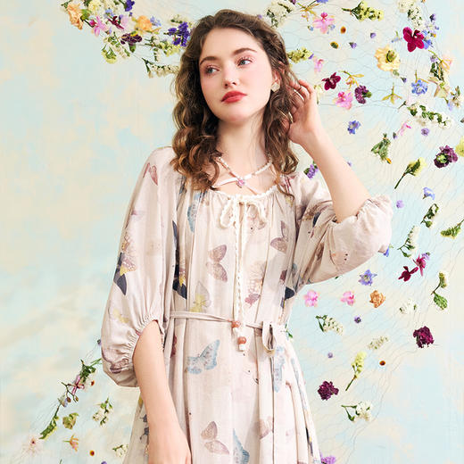 破茧成蝶 夏季新款森系风蝴蝶印花绑带灯笼袖连衣 商品图1