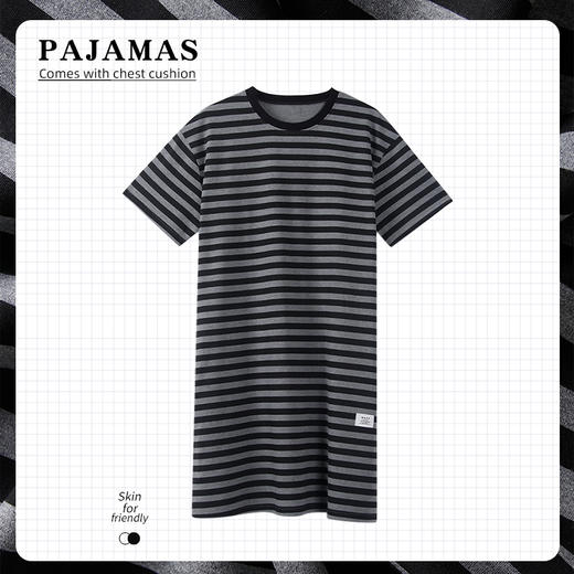 洁丽雅正品夏季套头睡裙简约条纹圆领舒适透气大码宽松睡衣家居服 商品图1