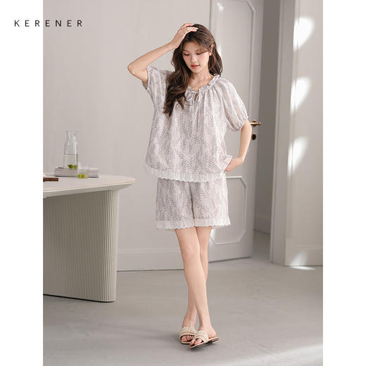 可人儿小众设计师新款泡泡绵夏季女短袖睡衣时尚可外出家居服套装 商品图3