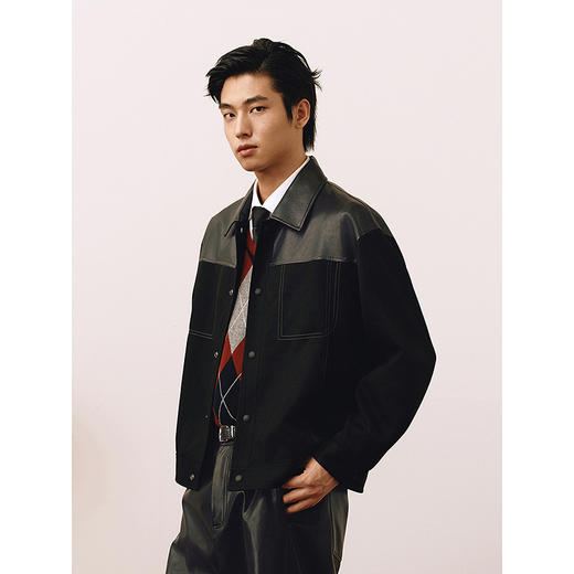 GXG男装 仿麂皮拼接PU撞色拼接明线简约通勤夹克 25年春热卖 商品图2