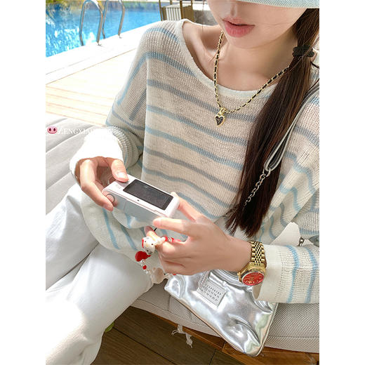 <曾小咸推荐>韩系蓝色条纹针织宽松罩衫T恤【预售3-15天发货】 商品图3