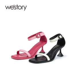 westory女鞋夏季尖头高跟细跟胎牛皮一字带凉鞋61531