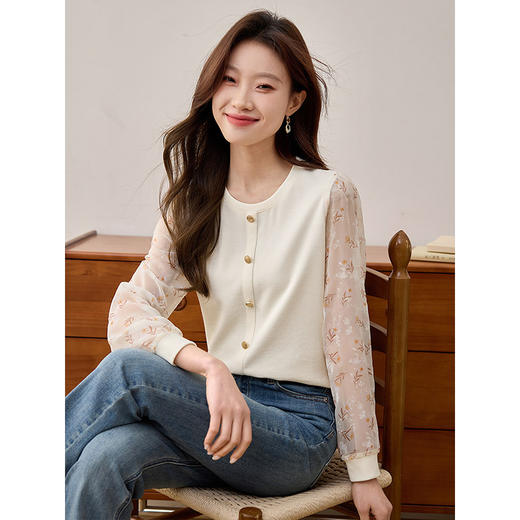 【年终特卖】熙世界设计感雪纺印花长袖拼接针织T恤假两件上衣女2025春秋新款 商品图2