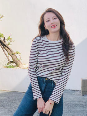 【百图lulu定制】【智性条纹衫】黑白色条纹  圆领长袖 T恤