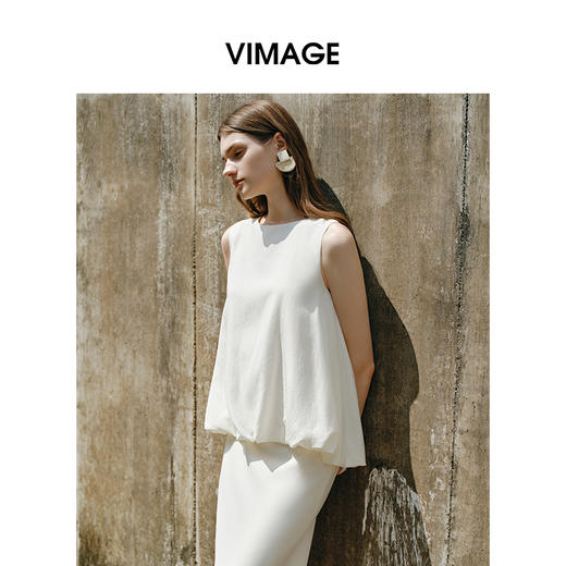 VIMAGE纬漫纪亚麻T恤法式无袖花苞边文艺显瘦上衣女2025夏季新款V2313918 商品图1