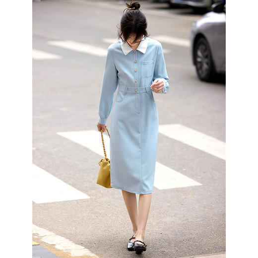 【五折购】熙世界法式polo领蓝色连衣裙女2025春秋新款长袖通勤收腰衬衫裙子 商品图3
