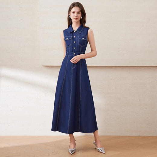 EITIE爱特爱气质翻领时尚显瘦百搭无袖收腰牛仔连衣裙夏新款B2507636 商品图2