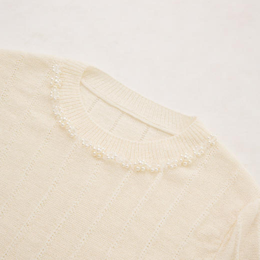 西遇薄款短袖毛衣女新款珍珠领坑条紫色圆领短款针织衫D0050385 商品图5