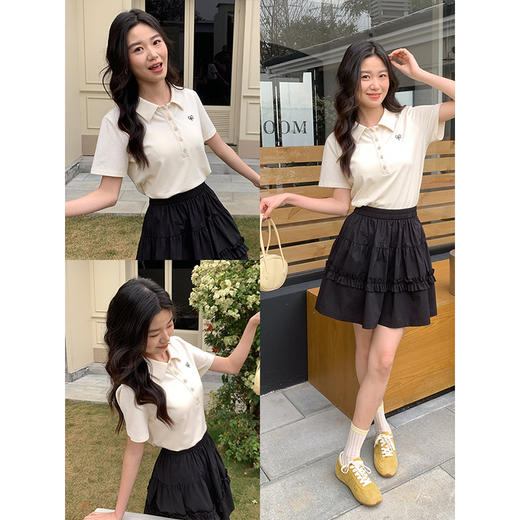 【周四狂欢价】熙世界多巴胺复古POLO领T恤女短袖2025夏季新款通勤正肩翻领上衣 商品图2