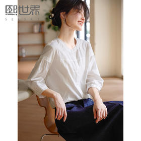 【专属特价】熙世界法式七分袖白衬衫女2025春日新款宽松洋气纯棉衬衣圆领上衣