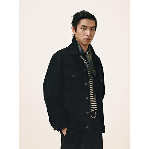 GXG男装 雪尼尔提花花卉图案黑色时尚翻领牛仔夹克外套25年春热卖 商品图2