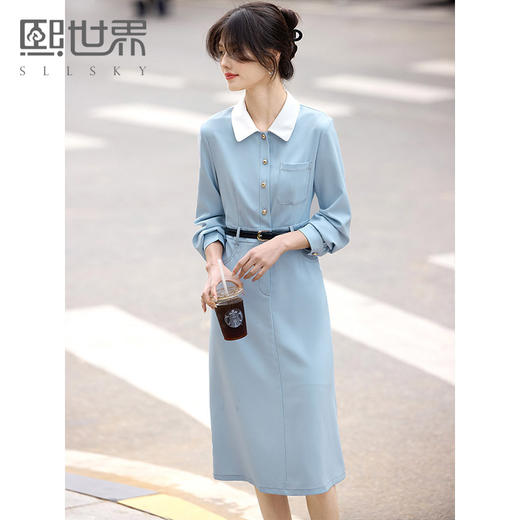 【五折购】熙世界法式polo领蓝色连衣裙女2025春秋新款长袖通勤收腰衬衫裙子 商品图0