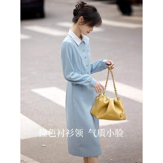 【五折购】熙世界法式polo领蓝色连衣裙女2025春秋新款长袖通勤收腰衬衫裙子 商品图2