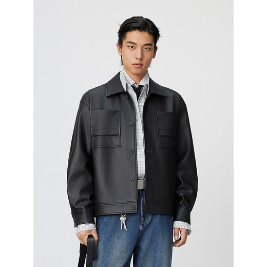 GXG男装 复古PU皮口袋压花简约时尚潮流翻领夹克外套 25年春热卖 商品图3