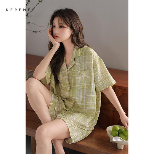 可人儿小众设计师新款泡泡绵夏季女士短袖睡衣时尚可外出家居服套 商品图1