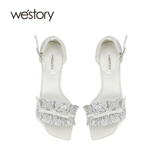 westory女鞋夏季新款尖头高跟细跟银色饰扣一字带后包凉鞋61511 商品图2