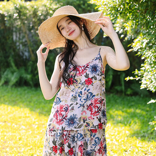 绽放旅行女装117朵/苎麻印花可调节肩带U型领复古吸汗透气吊带 商品图0