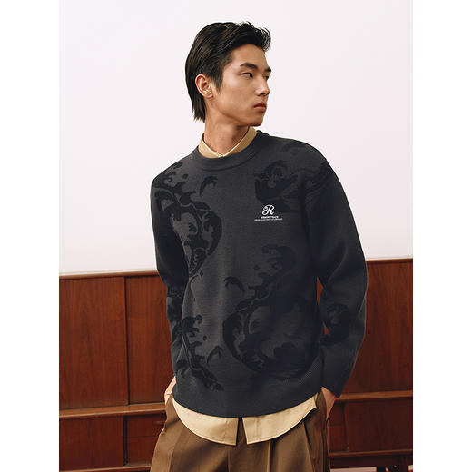 GXG男装 暗纹提花满印毛衣红色通勤针织衫新年线衫 2025春季热卖 商品图3