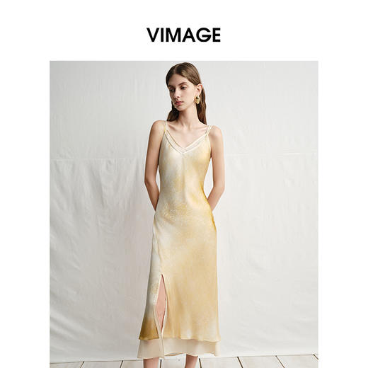 VIMAGE纬漫纪2025夏季新款设计感晕染印花高级V领修身显瘦吊带连衣裙V2377908 商品图2