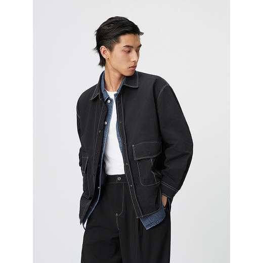 GXG男装 黑色明线设计休闲通勤翻领长袖衬衫外套 25年春热卖 商品图3