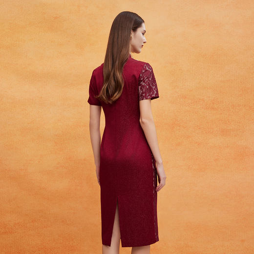 QF805斯尔丽2025新款喜妈妈商场同款宴会改良拼接蕾丝旗袍烫钻连衣裙 商品图1