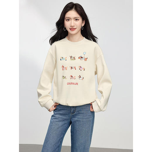 【年终特卖】熙世界腊肠狗印花卫衣女春季2025新款设计感宽松套头休闲圆领上衣 商品图4