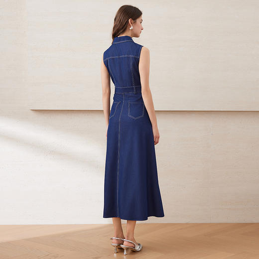 EITIE爱特爱气质翻领时尚显瘦百搭无袖收腰牛仔连衣裙夏新款B2507636 商品图4