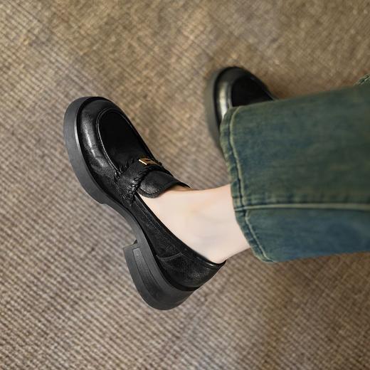 手工女鞋真皮复古英伦风粗跟乐福鞋2025新款深口圆头单鞋5CM 商品图3