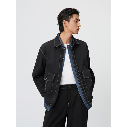 GXG男装 黑色明线设计休闲通勤翻领长袖衬衫外套 25年春热卖 商品图2